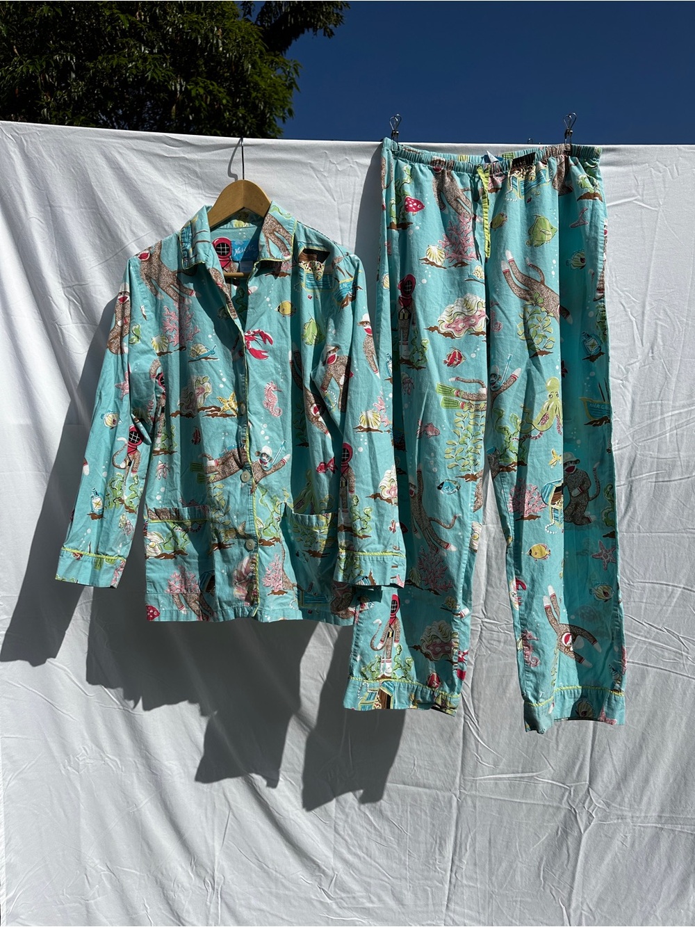 Vintage 2000s Nick & Nora Underwater Scuba Sock Monkey Cotton Pajama Set - Picture 6 of 6